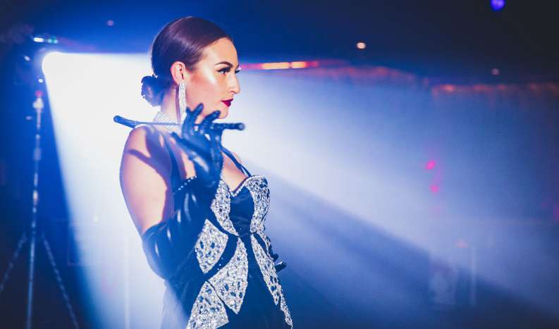 A cabaret performer in an elegant silver and black corset with long black gloves, in a dramatic spotlight